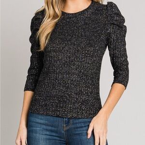 Black Gold Sparkle Puff Sleeve Lightweight Knit Sweater Top NWT